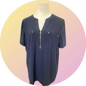 Anne Klein Blue Short Sleeve Blouse with Mandarin Collar